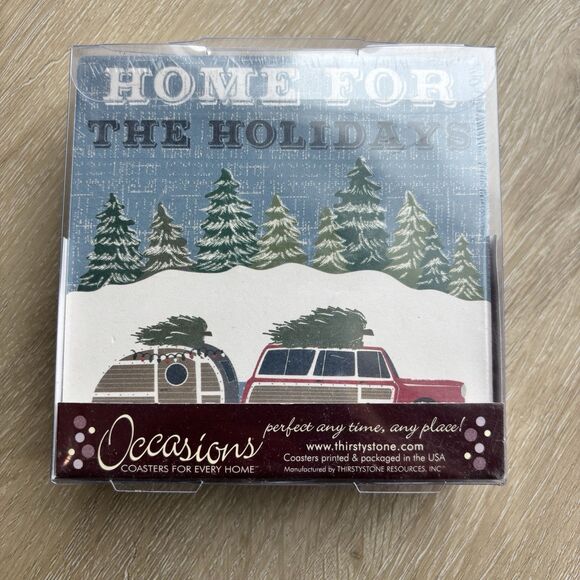 CHRISTMAS COASTERS SET 4 NEW THIRSTYSTONE OCCASIONS HOME FOR HOLIDAYS CAMPER. - Picture 4 of 5